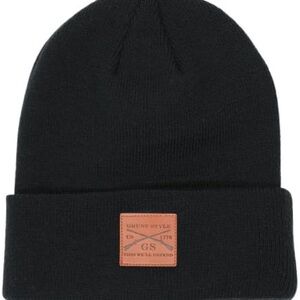 Grunt Style Cuffed Black Beanie with Leather Patch